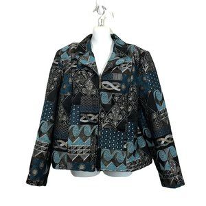 Vintage Dress Barn Womens Jacquard Fleur De Lis Blue Black Zip Up Jacket Coat